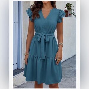 Women’s Teal V-Neck Ruffle Sleeve Tie-Waist Dress
